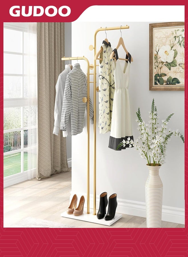 GUDOO Double-pole Coat Racks Freestanding Metal Gold Clothing Rack with 5 Hooks and Marble Base Modern Coat Hanger Stand for Entryway Living Room Bedroom  - Image 1