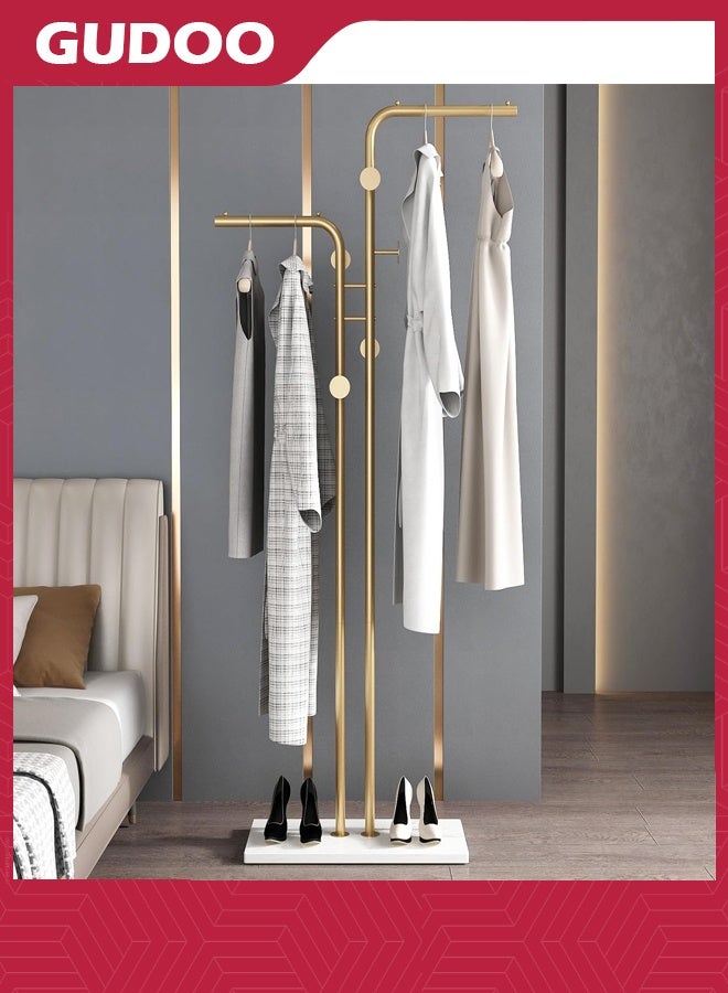 GUDOO Double-pole Coat Racks Freestanding Metal Gold Clothing Rack with 5 Hooks and Marble Base Modern Coat Hanger Stand for Entryway Living Room Bedroom  - Image 5