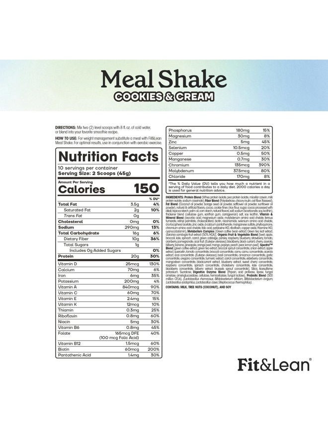 Fit & Lean Meal Shake, Fat Burning Meal Replacement, Meal Replacement with Protein, Fiber, Probiotics and Organic Fruits & Vegetables, Cookies and Cream, 1lb, 10 Servings Per Container - Image 4