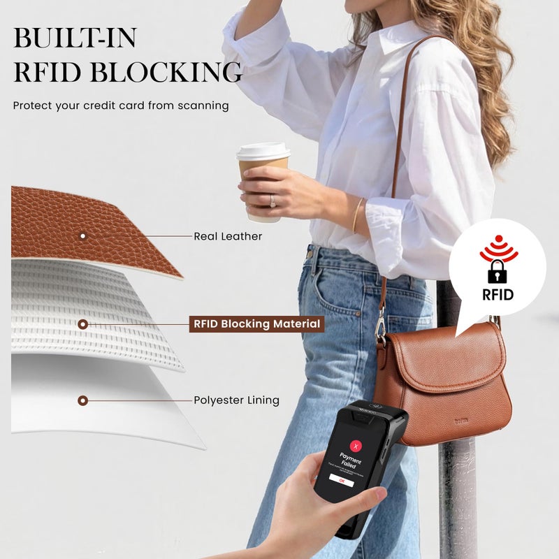 befen Genuine Leather Crossbody Handbags for Women Trendy, Women's Medium Cross Body Saddle Purses with RFID Card Slots - Brown - Image 5