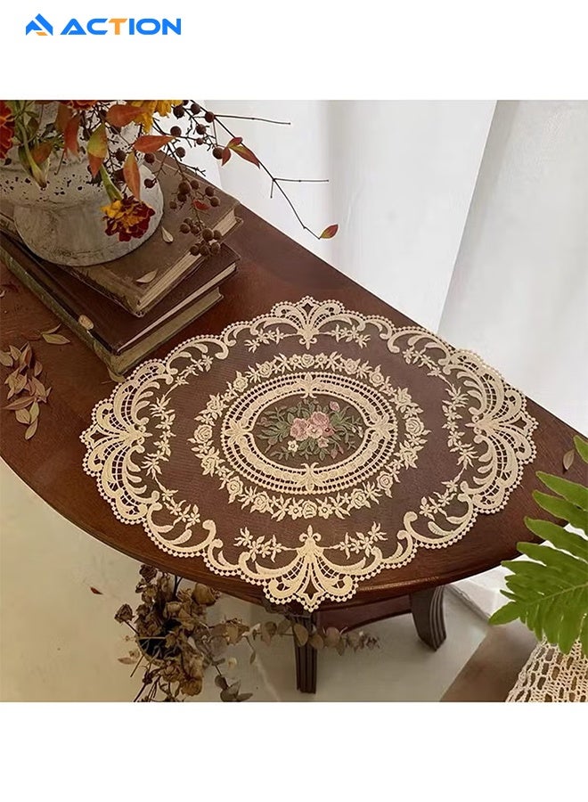 ACTION Retro Lace Placemats, Handmade Crochet & Embroidered Table Mats, French Vintage Style, Beige - Image 2