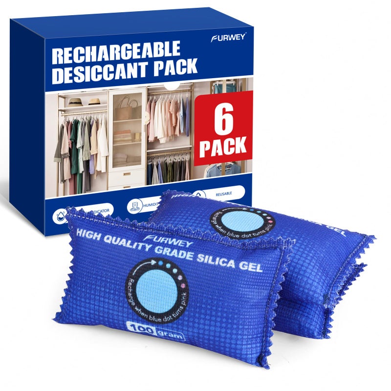 FURWEY 100g [ 6 Packs] Rechargeable Desiccant Packs for Storage, Color Indicating Silica Gel Desiccant Packets, Moisture absorbers for storage, Dehumidifier bag for Closets - Image 1