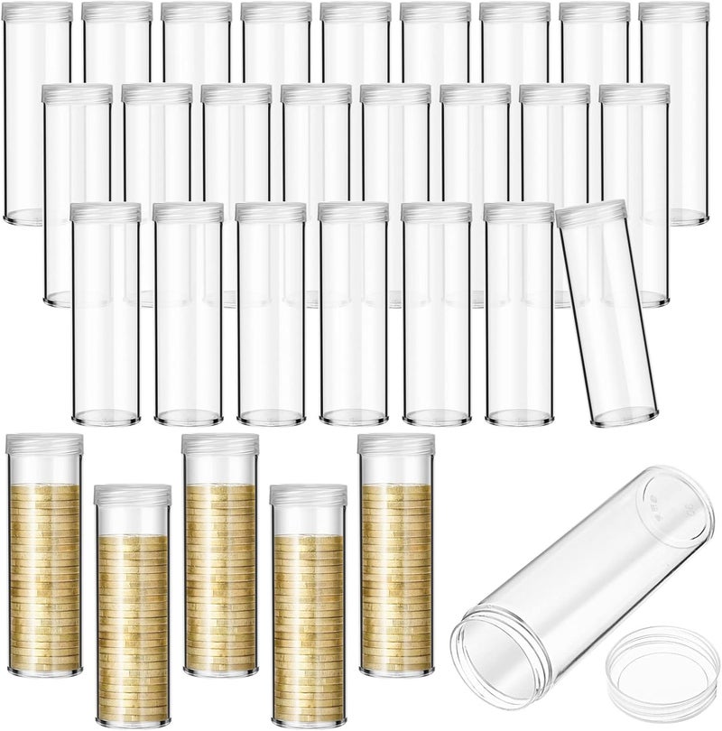 روويست 30 Pieces Coin Storage Tube Penny Coin Tube Plastic Round Clear Penny Tubes Holder Container Organizer with Screw on Lid for Collection Supplies Bank Rolls - Image 1