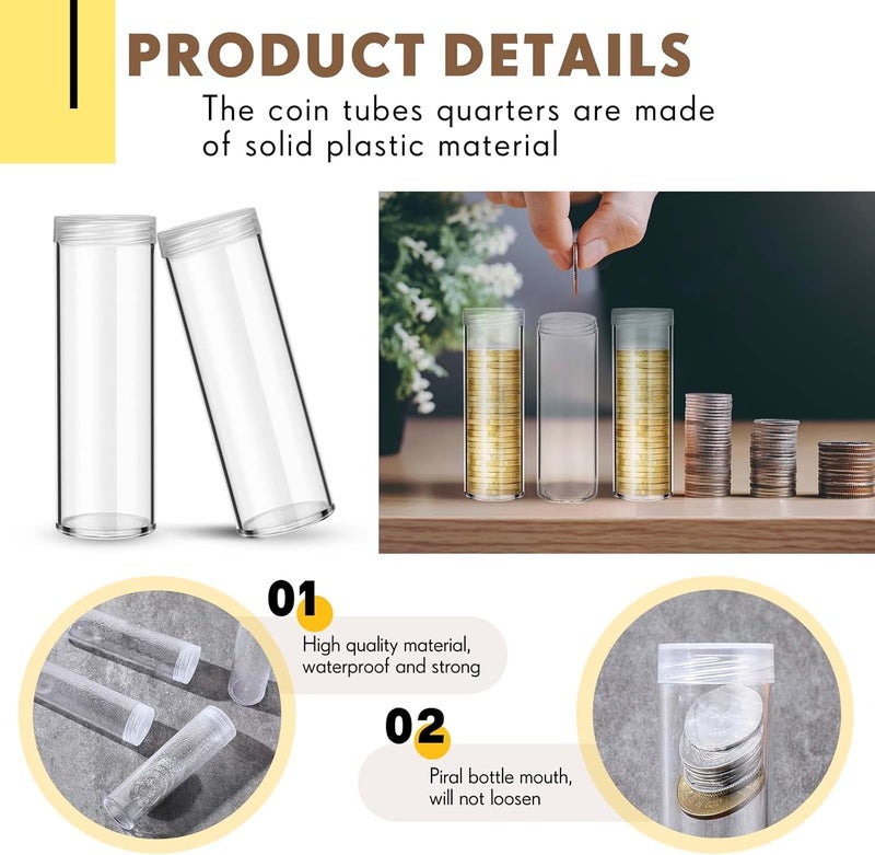 روويست 30 Pieces Coin Storage Tube Penny Coin Tube Plastic Round Clear Penny Tubes Holder Container Organizer with Screw on Lid for Collection Supplies Bank Rolls - Image 3