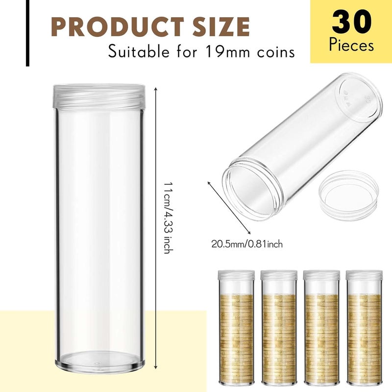 روويست 30 Pieces Coin Storage Tube Penny Coin Tube Plastic Round Clear Penny Tubes Holder Container Organizer with Screw on Lid for Collection Supplies Bank Rolls - Image 2