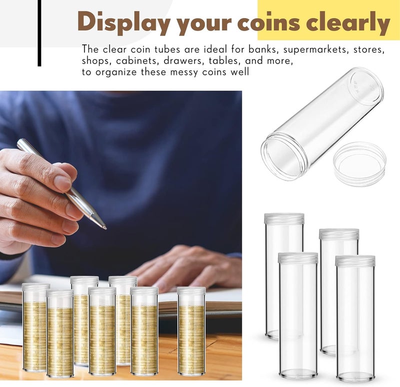 روويست 30 Pieces Coin Storage Tube Penny Coin Tube Plastic Round Clear Penny Tubes Holder Container Organizer with Screw on Lid for Collection Supplies Bank Rolls - Image 4