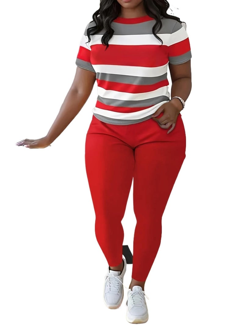 HBQ Women Two Piece Outfits Short Sleeve Stripe Tops and Bodycon Pants Tracksuits Biker Workout Jogger Sets M - Image 1