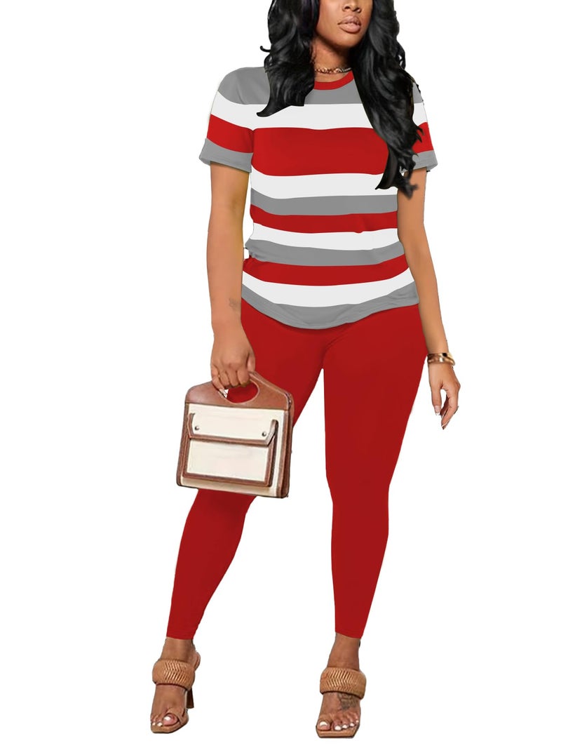 HBQ Women Two Piece Outfits Short Sleeve Stripe Tops and Bodycon Pants Tracksuits Biker Workout Jogger Sets M - Image 2