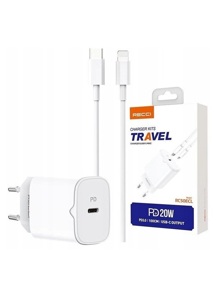 Recci FAST USB C 20W PD QC 3.0 WALL CHARGER + LIGHTNING CABLE FOR IPHONE  - Image 2