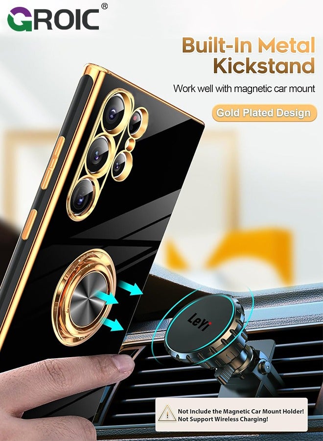 GROIC For Samsung Galaxy S24 Ultra Case, 2X Tempered Glass Screen Protector, 360° Rotatable Ring Holder Magnetic Kickstand Phone Shell,Plated Gold Edge Slim Soft TPU Protective Phone Cover 6.8''  - Image 5