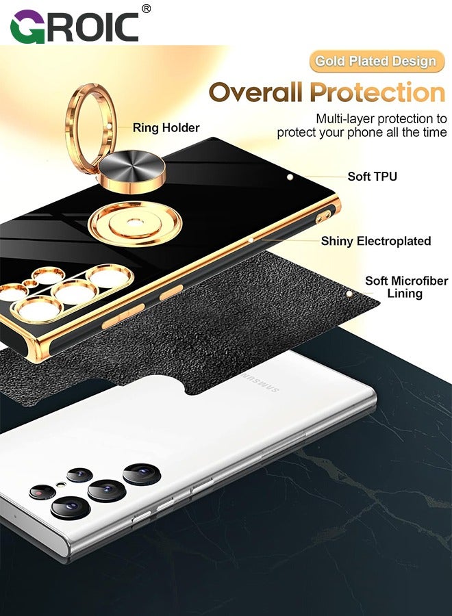 GROIC For Samsung Galaxy S24 Ultra Case, 2X Tempered Glass Screen Protector, 360° Rotatable Ring Holder Magnetic Kickstand Phone Shell,Plated Gold Edge Slim Soft TPU Protective Phone Cover 6.8''  - Image 2