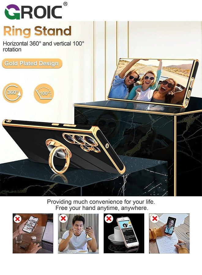 GROIC For Samsung Galaxy S24 Ultra Case, 2X Tempered Glass Screen Protector, 360° Rotatable Ring Holder Magnetic Kickstand Phone Shell,Plated Gold Edge Slim Soft TPU Protective Phone Cover 6.8''  - Image 3