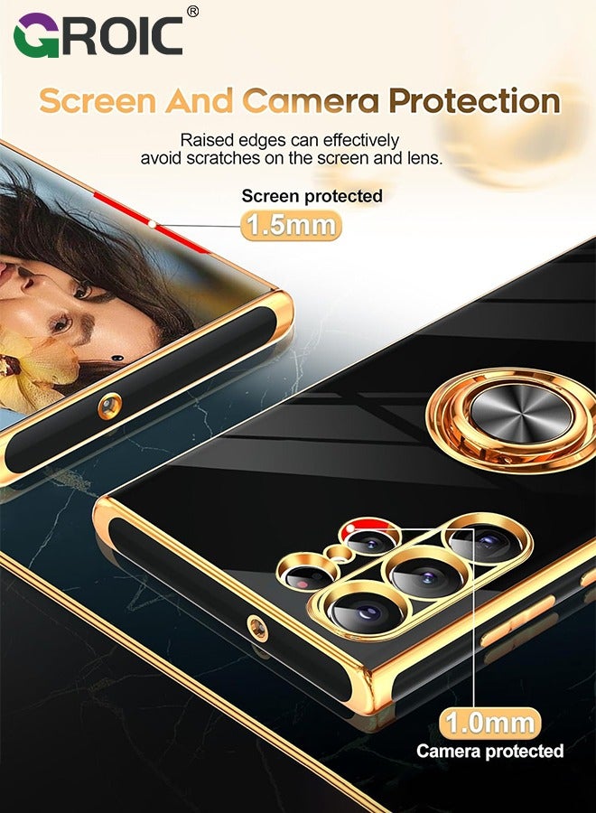 GROIC For Samsung Galaxy S24 Ultra Case, 2X Tempered Glass Screen Protector, 360° Rotatable Ring Holder Magnetic Kickstand Phone Shell,Plated Gold Edge Slim Soft TPU Protective Phone Cover 6.8''  - Image 4