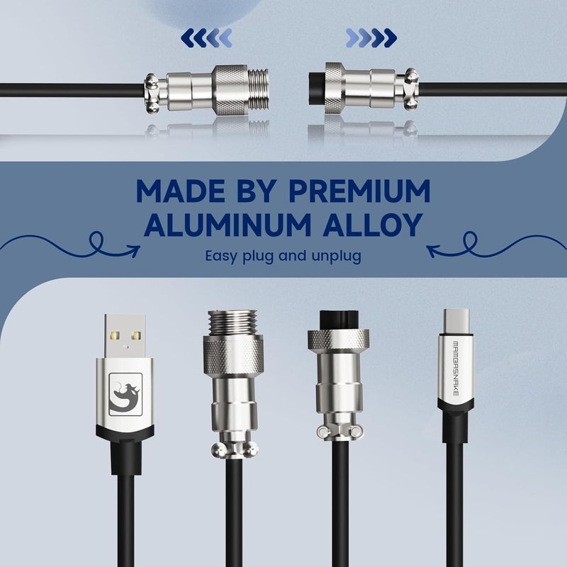 MAMBASNAKE كابل لوحة مفاتيح ملفوف MAMBASNAKE C01، كابل طيار مخصص محترف من نوع USB-C، سريع فائق السرعة من نوع C إلى USB-A بمعدل عودة 8 كيلوهرتز مع موصل طيران معدني للوحة مفاتيح ألعاب الكمبيوتر - أسود - Image 2