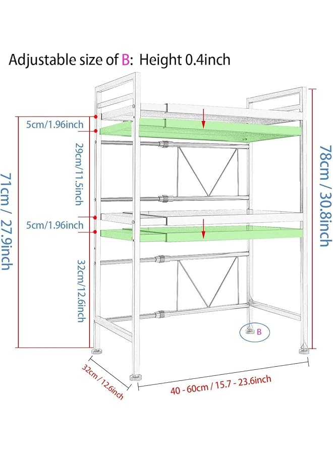 TRASSLE Extendable Microwave Oven Rack Adjustable Microwave Toaster Shelf Heavy Duty Stand Kitchen Counter Top Organizer 3 Tier With 6 Hooks White - Image 3