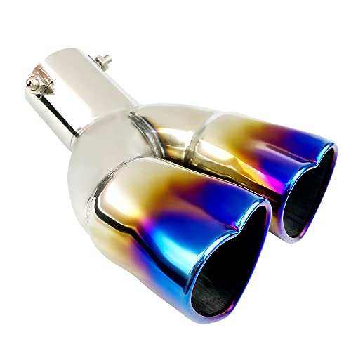 idain 2.5 inch Inlet Dual Exhaust Tips Muffler Tip,Chrome Heart-Shaped Exhaust Tip,Universal Bolt-On Double Tube Exhaust Muffler (Blue,Curved)