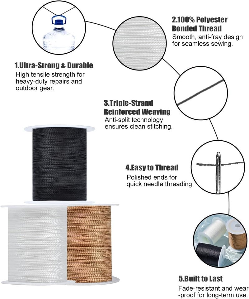 Odluzy Extra Strong Upholstery Thread Repair Sewing Kit, Upholstery Repair Sewing Thread Kit and Heavy Duty Household Hand Needles, 3 Rolls Heavy Duty Nylon Thread with 7 Pcs Leather Needles, 55 Yard Per Rol - Image 3