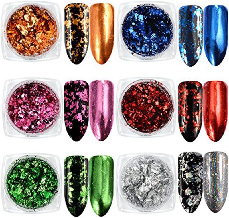 Minejin Nail DIY Flakes Sequins Magic Mirror Powder Gold Silver Art Glitters Aluminum Holographic 6 Box/Set