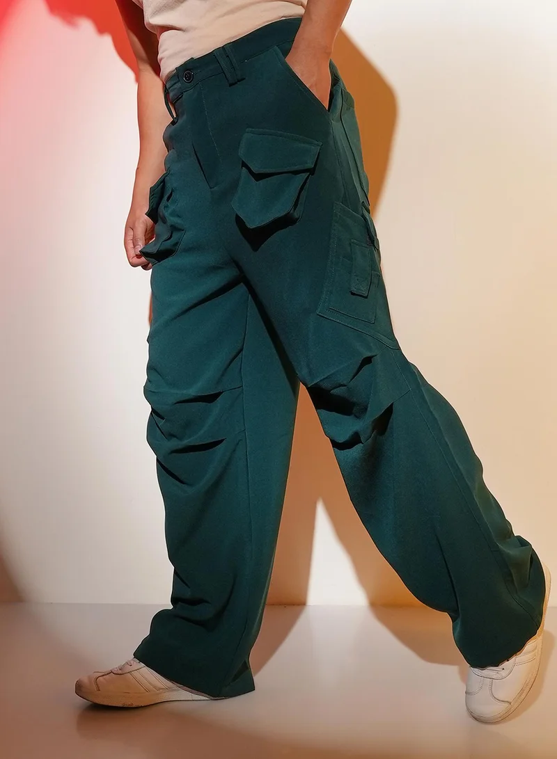 Campus Sutra Men's Emerald Green Asymmetrical Parachute Trousers