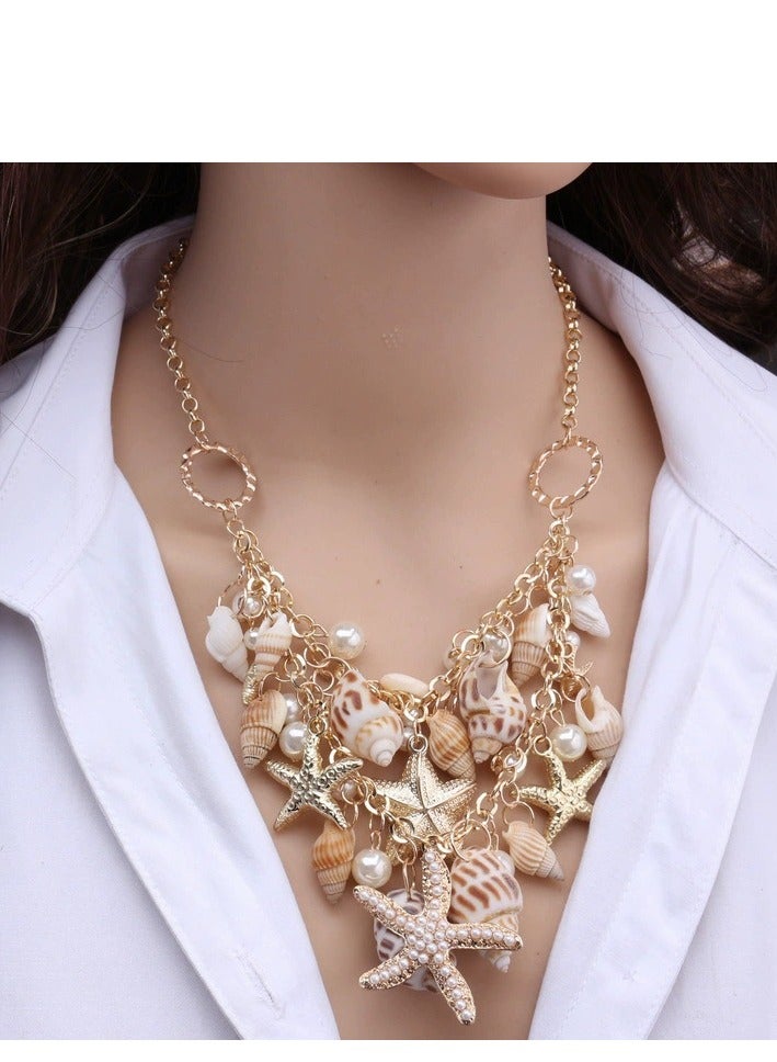 قلادة صدفة متعددة الطبقات بأسلوب بوهيمي للنساء، قلادة خرز لؤلؤ عصرية، سلسلة عظم الترقوة