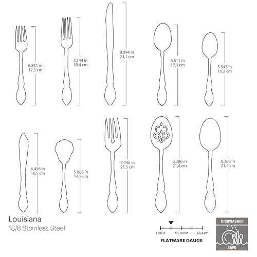ONEIDA طقم أدوات مائدة أونيدا لـ 8 أشخاص مع أدوات تقديم، طقم أدوات مائدة لويزيانا 45 قطعة، خدمة لـ 8، فولاذ مقاوم للصدأ 18/8، مرآة، سكاكين، ملاعق، شوك، ملاعق تقديم، آمنة في غسالة الصحون (فضي 45 قطعة) - Image 5