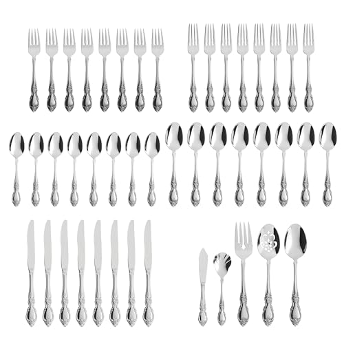 ONEIDA طقم أدوات مائدة أونيدا لـ 8 أشخاص مع أدوات تقديم، طقم أدوات مائدة لويزيانا 45 قطعة، خدمة لـ 8، فولاذ مقاوم للصدأ 18/8، مرآة، سكاكين، ملاعق، شوك، ملاعق تقديم، آمنة في غسالة الصحون (فضي 45 قطعة) - Image 2