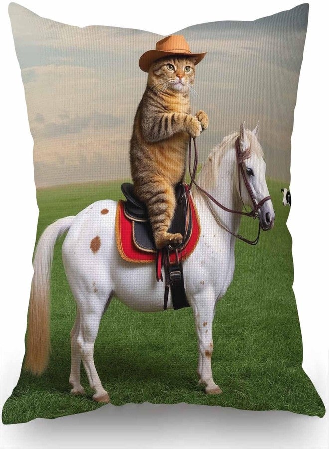 Swono Funny Cat Farmhouse Décor The Cat Cowboy on a Horse Decorative Throw Pillow Cover Cotton Linen Sofa Couch 18 x 18 in - Image 1