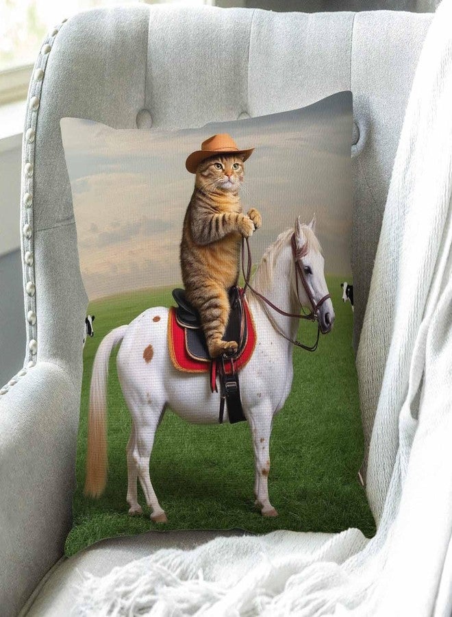 Swono Funny Cat Farmhouse Décor The Cat Cowboy on a Horse Decorative Throw Pillow Cover Cotton Linen Sofa Couch 18 x 18 in - Image 3