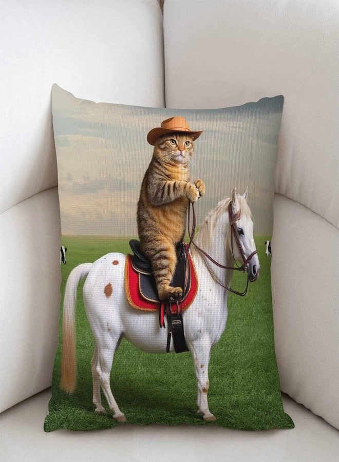 Swono Funny Cat Farmhouse Décor The Cat Cowboy on a Horse Decorative Throw Pillow Cover Cotton Linen Sofa Couch 18 x 18 in - Image 2