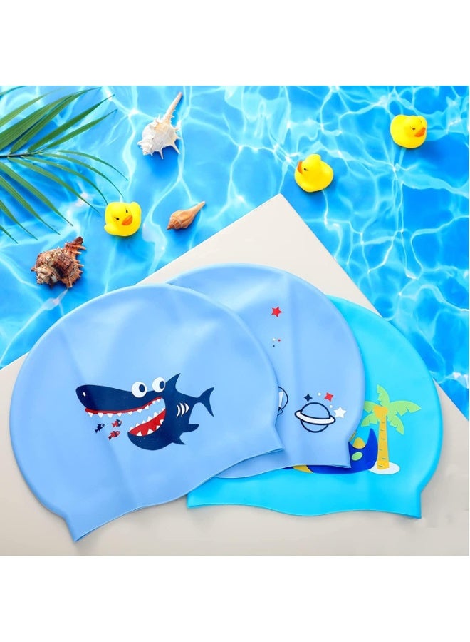 FengSVMA 3 Pieces Kids Swim Caps Toddlers Swimming Caps Silicone Swim Cap for Boys Girls (Age 4-12) Baby Waterproof Cartoon Bathing Hats for Long and Short Hair (Boy style) - Image 5