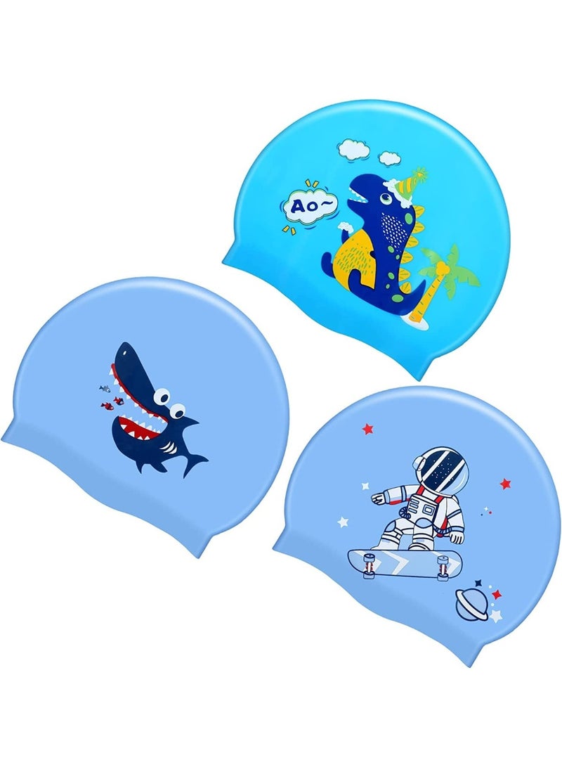 FengSVMA 3 Pieces Kids Swim Caps Toddlers Swimming Caps Silicone Swim Cap for Boys Girls (Age 4-12) Baby Waterproof Cartoon Bathing Hats for Long and Short Hair (Boy style) - Image 1