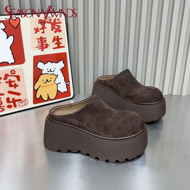 Thick Bottom Baotou Half Slippers Womens Outer Wear Scrub Soft Leather All-match Small Puffin Retro Soft Leather Height-increasing Wool Slippers Camel upgraded version - Image 3