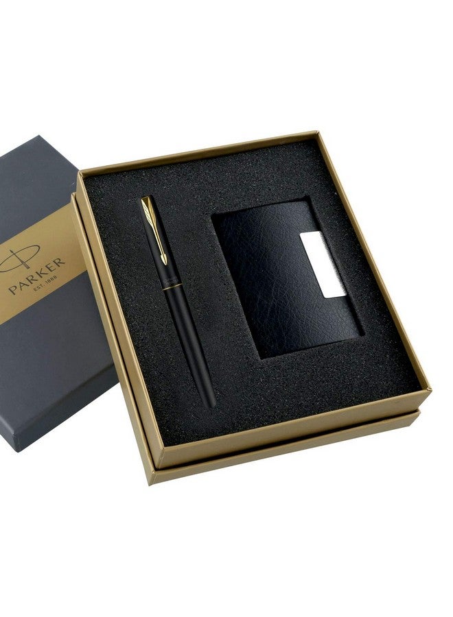 باركر مجموعة هدايا باركر فرونتيير قلم حبر جاف أسود غير لامع بحواف ذهبية مع حامل بطاقات | قلم واحد + حامل بطاقات واحد | لون الحبر - أزرق | مثالي للموظفين | هدايا فريدة لرجال الأعمال - Image 1