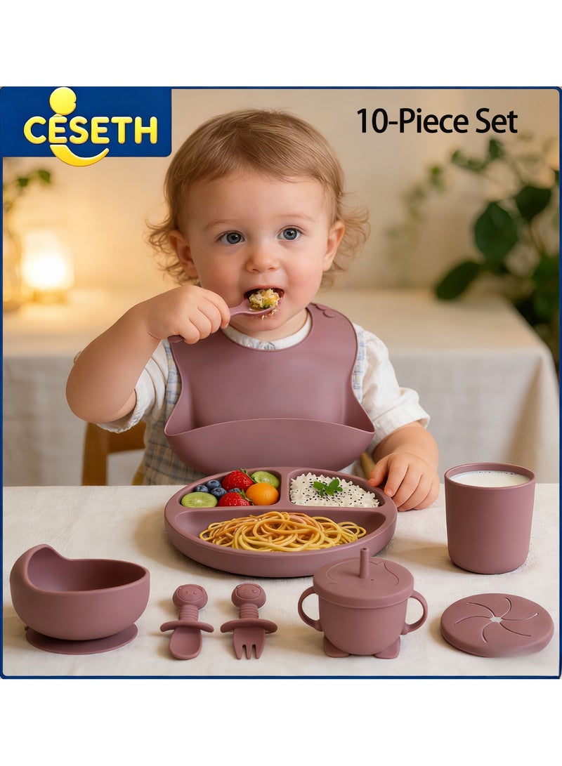CESETH 10-Piece Silicone Baby Feeding Set, Infant Divider Plates And Bowls (With Suction Cups), Adjustable Soft Silicone Bib, Learning Cup And Milk Cup, Long-Handled Silicone Fork And Spoon With Short-Handled Silicone Fork, Bpa-Free Baby Or Children's Tableware Set - Image 1