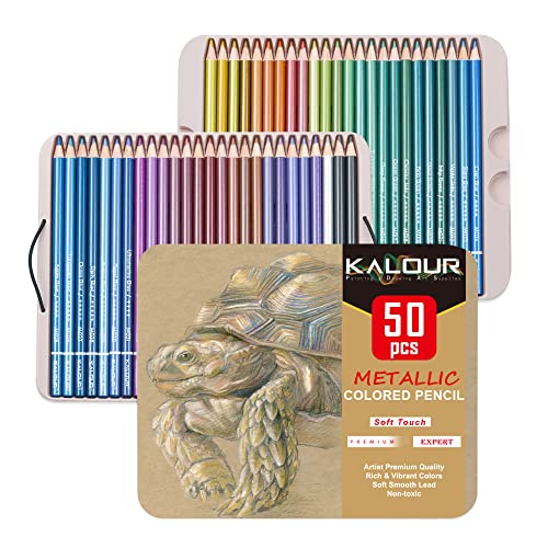 KALOUR 50 Piece Metallic Colored Pencils, Soft Core with Vibrant Color,Ideal for Drawing, Blending, Sketching, Shading, Coloring for Adults Kids Beginners - Image 1