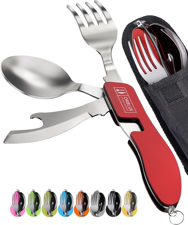 Orblue 4-in-1 Camping Eating Utensils, 2-Pack - Portable Spoon, Fork, Knife & Bottle Opener Combo Set - Stainless Steel Flatware with Detachable Fork - Travel, Backpacking Cutlery Multitool, Red - Image 1