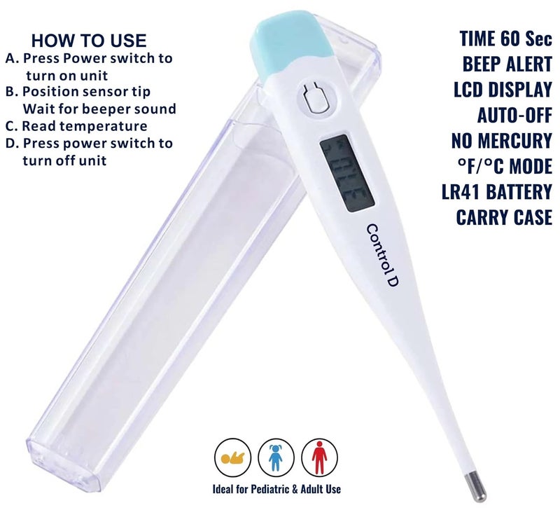 Control D ترمومتر رقمي مع تشغيل بلمسة واحدة للاستخدام الفموي أو تحت الإبط للأطفال والبالغين (ضمان 1 سنة) - Image 3