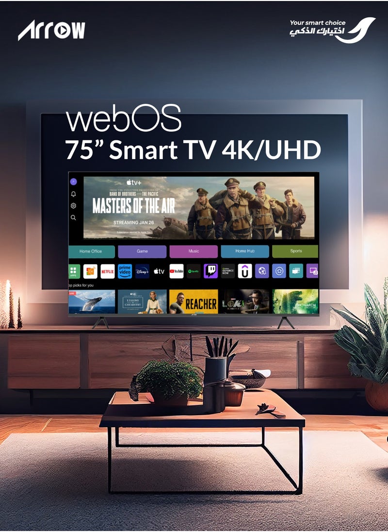 ARRQW 75 Inch 4K UHD Smart TV with webOS 2.0, 3840x2160 Resolution, 5000:1 Contrast, 16:9 Aspect Ratio, 60Hz Refresh Rate, Dolby Atmos & Dolby Vision, HDR10+, Bluetooth Audio, Wi-Fi, 3 HDMI Ports, 2 USB Ports, Screen Casting, MEMC Enhance gaming, Wall Mount | Model No: RO-75LPW  - Image 3