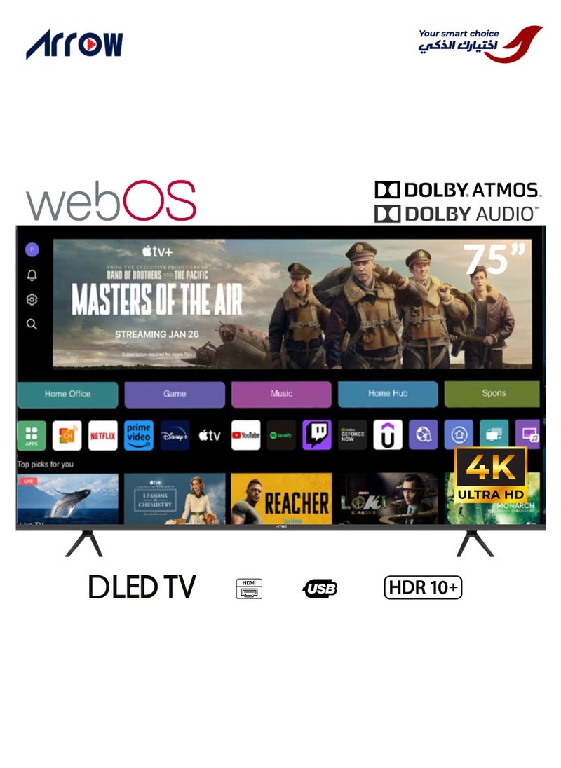 ARRQW 75 Inch 4K UHD Smart TV with webOS 2.0, 3840x2160 Resolution, 5000:1 Contrast, 16:9 Aspect Ratio, 60Hz Refresh Rate, Dolby Atmos & Dolby Vision, HDR10+, Bluetooth Audio, Wi-Fi, 3 HDMI Ports, 2 USB Ports, Screen Casting, MEMC Enhance gaming, Wall Mount | Model No: RO-75LPW  - Image 2