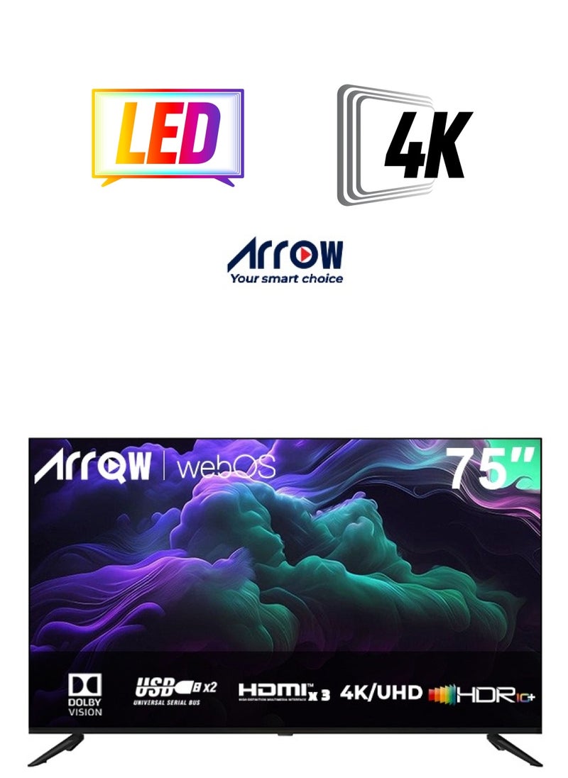 ARRQW 75 Inch 4K UHD Smart TV with webOS 2.0, 3840x2160 Resolution, 5000:1 Contrast, 16:9 Aspect Ratio, 60Hz Refresh Rate, Dolby Atmos & Dolby Vision, HDR10+, Bluetooth Audio, Wi-Fi, 3 HDMI Ports, 2 USB Ports, Screen Casting, MEMC Enhance gaming, Wall Mount | Model No: RO-75LPW  - Image 1