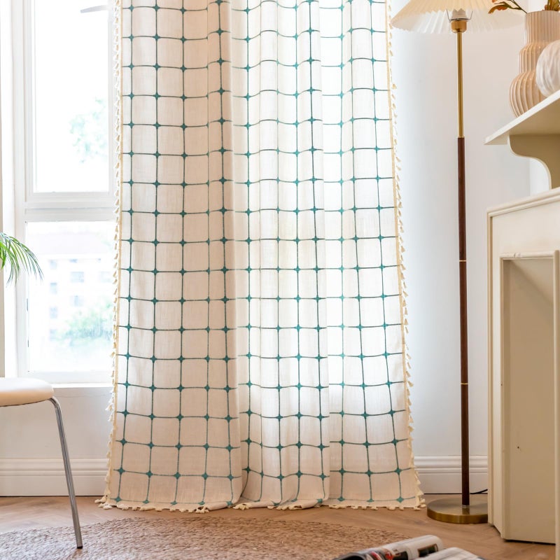 Deeprove Boho Curtains 84 Inches Long for Bedroom, Cotton Linen Plaids Turquoise Embroidery Semi Blackout Bohemian Farmhouse Window Treatment Grids Drape Tassels, 1 Panel W52 x L84 Beige - Image 5