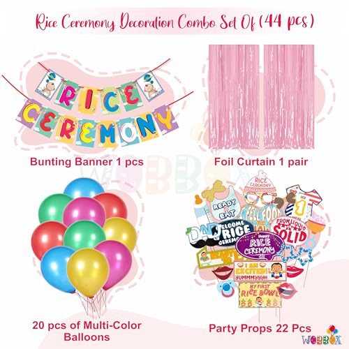 WOBBOX Annaprashan Party Props with Rice Ceremony Cloud Background Multi Color Font Bunting Banner & Balloon & Foil Fringe, Annaprashan Party Decoration (47 Pcs Combo) - Image 2