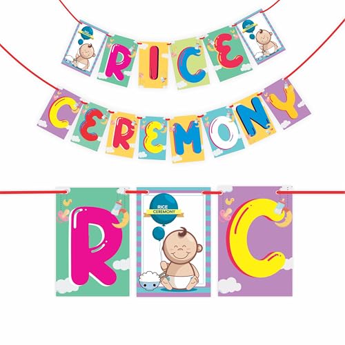 WOBBOX Annaprashan Party Props with Rice Ceremony Cloud Background Multi Color Font Bunting Banner & Balloon & Foil Fringe, Annaprashan Party Decoration (47 Pcs Combo) - Image 4