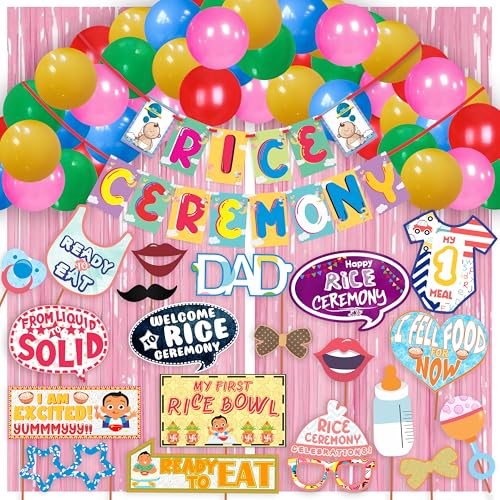WOBBOX Annaprashan Party Props with Rice Ceremony Cloud Background Multi Color Font Bunting Banner & Balloon & Foil Fringe, Annaprashan Party Decoration (47 Pcs Combo) - Image 1