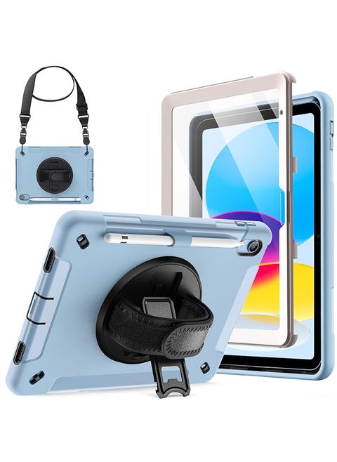 Case For Ipad 10 10.9 Inch 2022 Model 10Th Generation With Built In Screen Protector Protective Shockproof Rugged Tablet Cover 360 Degree Rotating Hand Strap Stand Blue