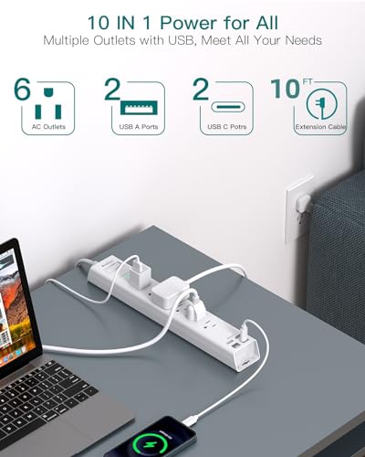 Addtam سلك تمديد 10 قدم - شريط طاقة طويل مع واقي من زيادة التيار، 6 مخرج AC و4 USB (2 USB C)، قابس مسطح، قابل للتعليق على الحائط، موسع مخرج متعدد لشحن المكتب المنزلي أو غرفة النوم الأساسية - Image 3