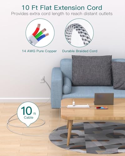 Addtam سلك تمديد 10 قدم - شريط طاقة طويل مع واقي من زيادة التيار، 6 مخرج AC و4 USB (2 USB C)، قابس مسطح، قابل للتعليق على الحائط، موسع مخرج متعدد لشحن المكتب المنزلي أو غرفة النوم الأساسية - Image 2