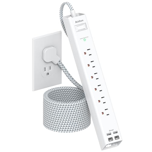 Addtam سلك تمديد 10 قدم - شريط طاقة طويل مع واقي من زيادة التيار، 6 مخرج AC و4 USB (2 USB C)، قابس مسطح، قابل للتعليق على الحائط، موسع مخرج متعدد لشحن المكتب المنزلي أو غرفة النوم الأساسية - Image 1