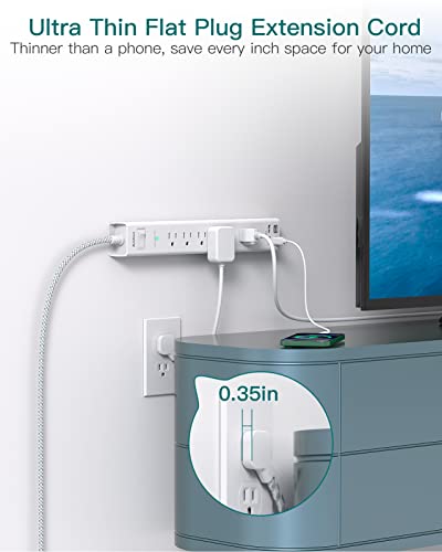 Addtam سلك تمديد 10 قدم - شريط طاقة طويل مع واقي من زيادة التيار، 6 مخرج AC و4 USB (2 USB C)، قابس مسطح، قابل للتعليق على الحائط، موسع مخرج متعدد لشحن المكتب المنزلي أو غرفة النوم الأساسية - Image 5