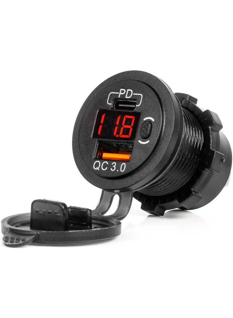 أميو شاحن هاتف مقاوم للماء مع مفتاح مؤشر LED أحمر ومقياس فولت رقمي USB + USB C QC3.0 12/24 فولت - Image 1
